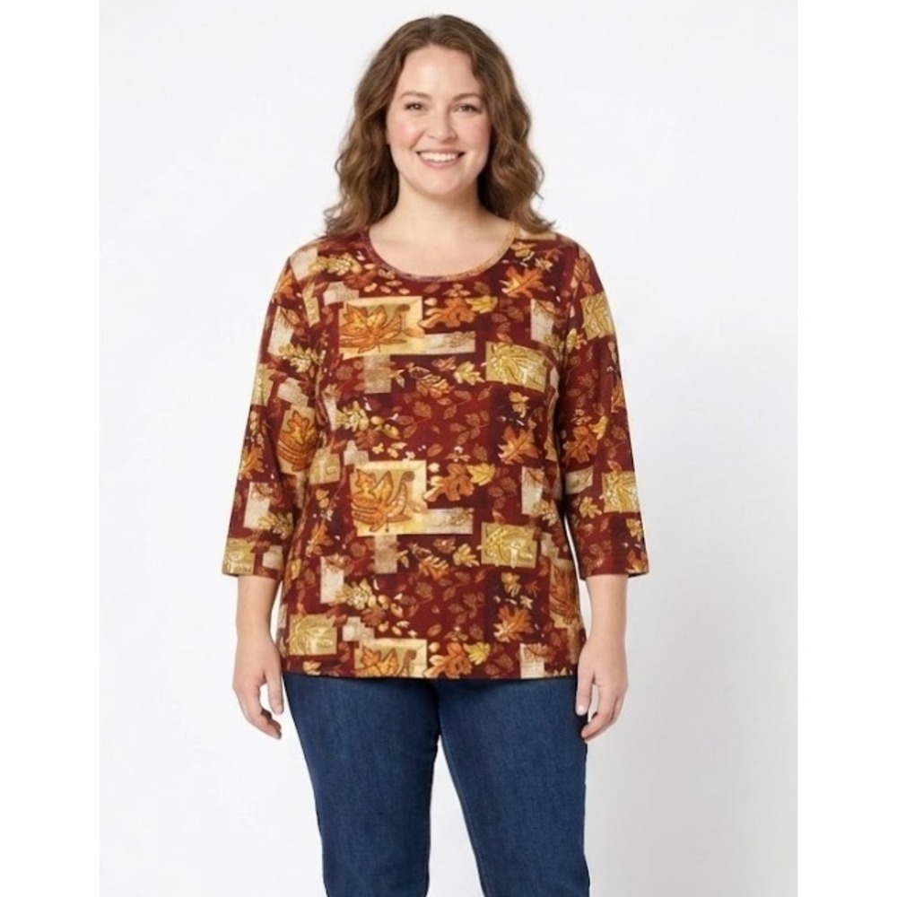 Vintage Take Two Large Brown Leaf Print Novelty Fall Artsy Cotton Stretch Top‎